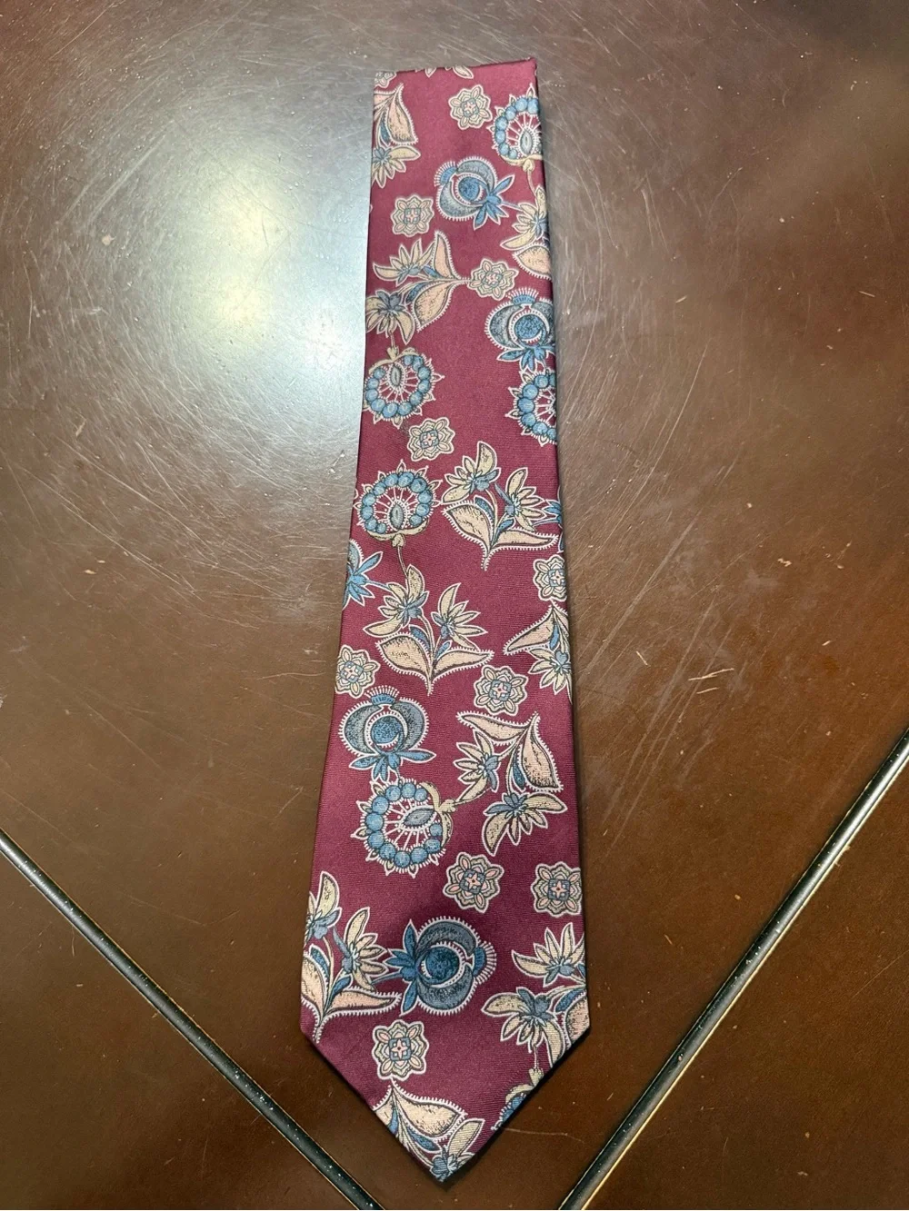 Harve Benard Burgundy Tie with Blue and Cream Floral Motif